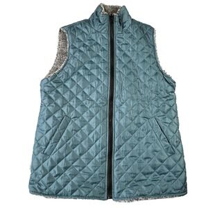 Simply Southern Womens Quilted Vest Size Large Blue Gray Fuzzy‎ Reversible Zip